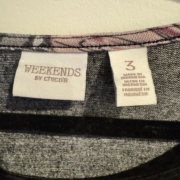 Weekends by Chico's Top Black Crew Neck Floral 3/4 Sleeve Women's Sz 3/L - Picture 3 of 5